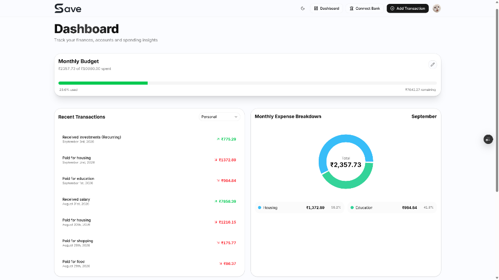 Save AI Finance Platform — Dashboard